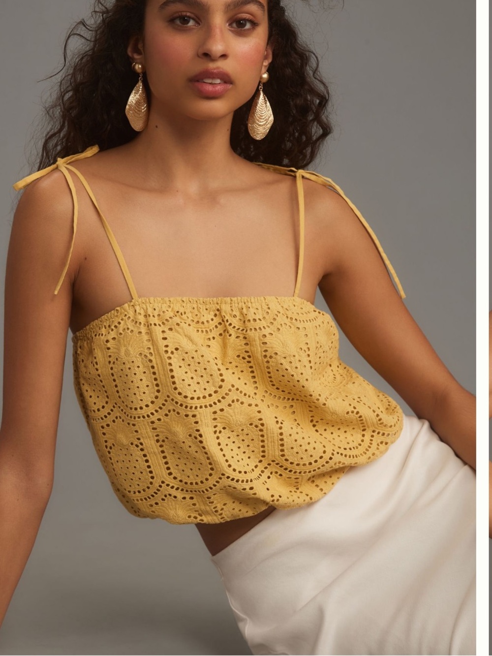 Greylin Yellow Eyelet Tie-Shoulder Crop Camisole